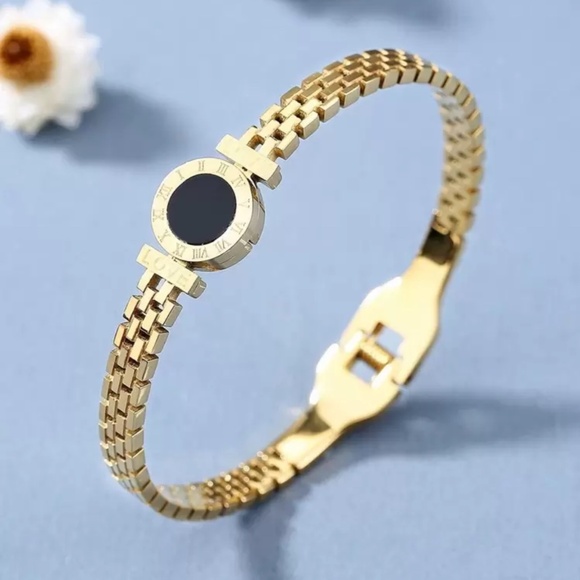 Gold Plated Stainless Steel Roman Numeral Bracelet - Picture 2 of 3